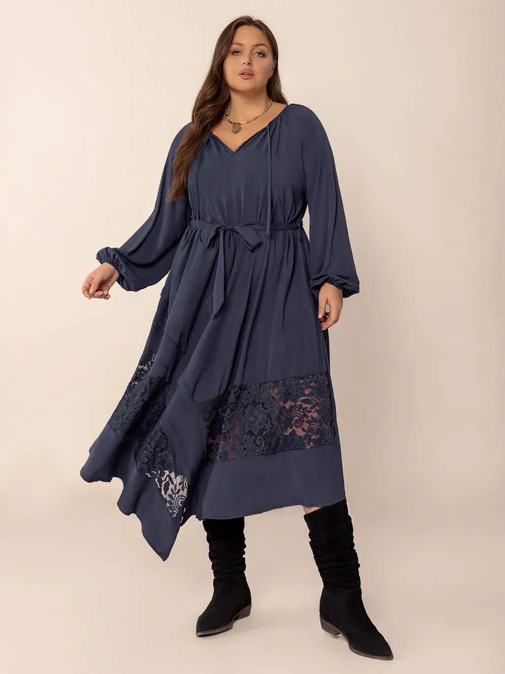 Plus Size Lace Detail Tie Neck Long Sleeve Midi Dress - MAD RUFFI