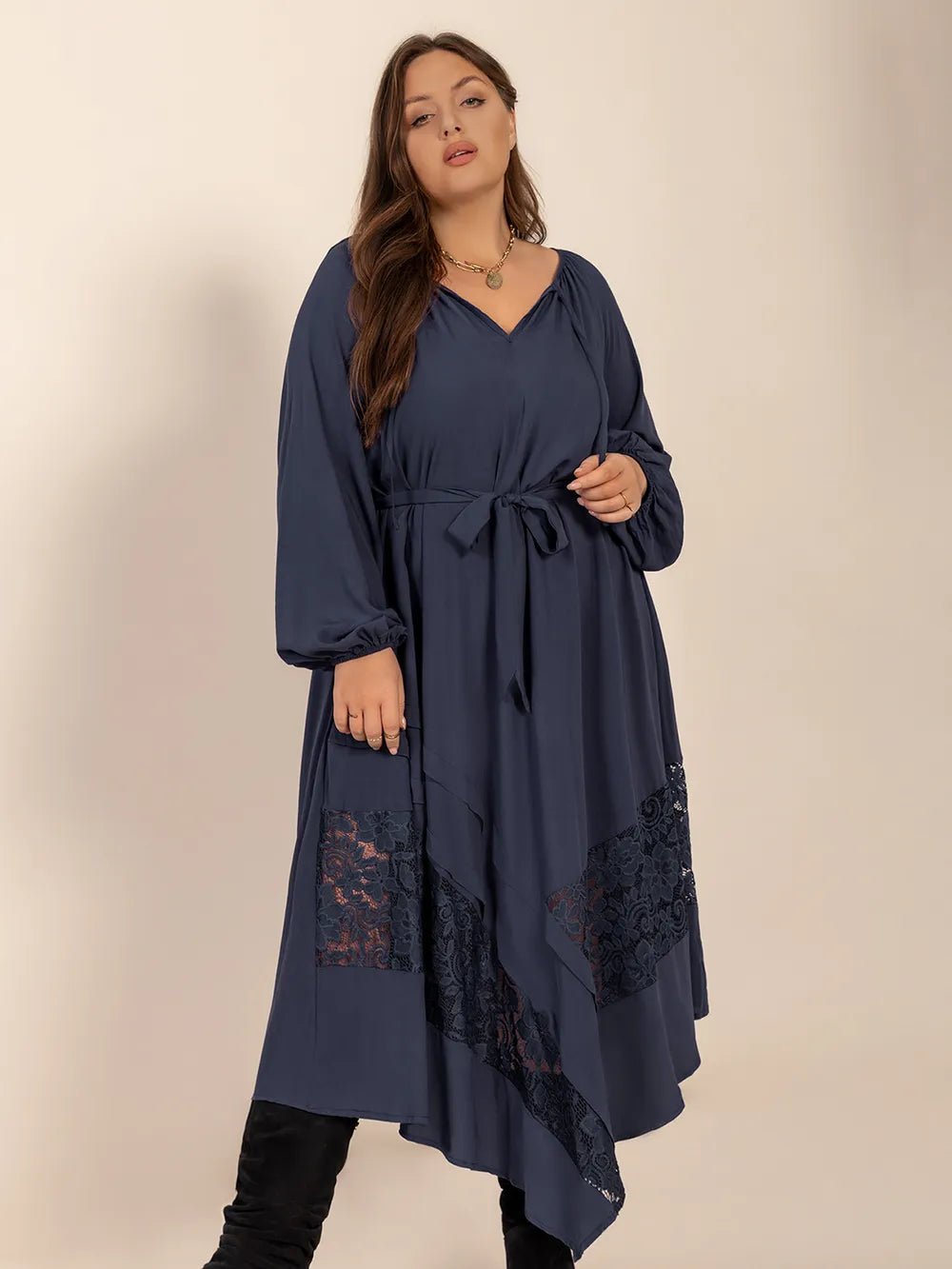 Plus Size Lace Detail Tie Neck Long Sleeve Midi Dress - MAD RUFFI