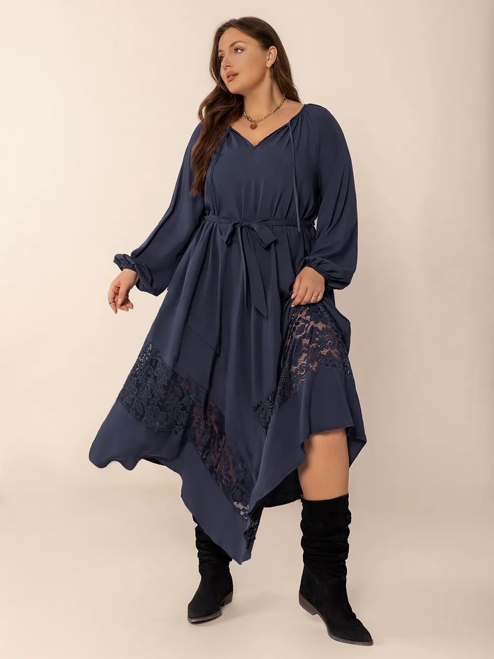 Plus Size Lace Detail Tie Neck Long Sleeve Midi Dress - MAD RUFFI