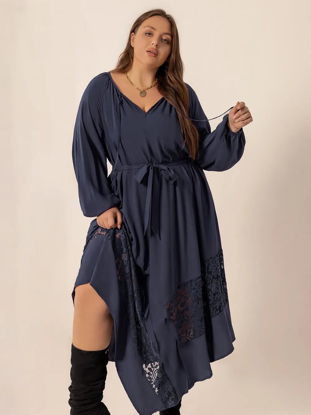 Plus Size Lace Detail Tie Neck Long Sleeve Midi Dress - MAD RUFFI