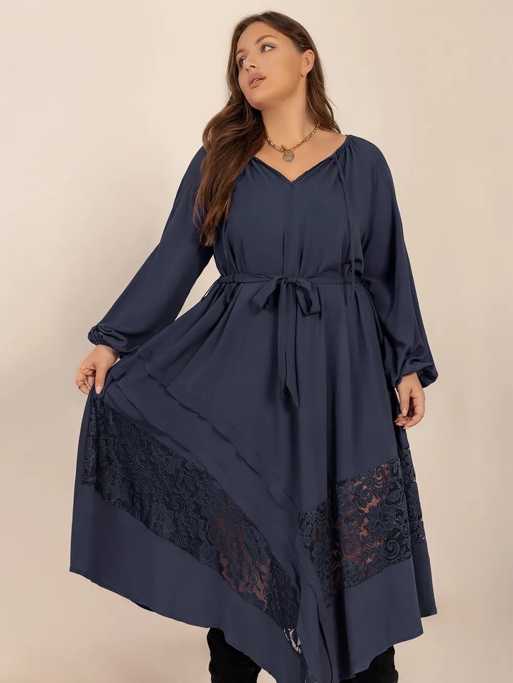 Plus Size Lace Detail Tie Neck Long Sleeve Midi Dress - MAD RUFFI