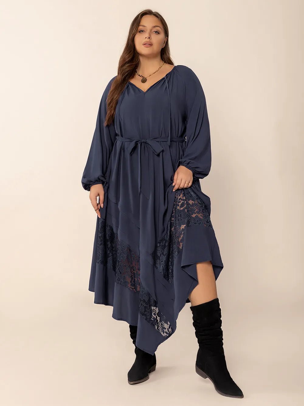 Plus Size Lace Detail Tie Neck Long Sleeve Midi Dress - MAD RUFFI