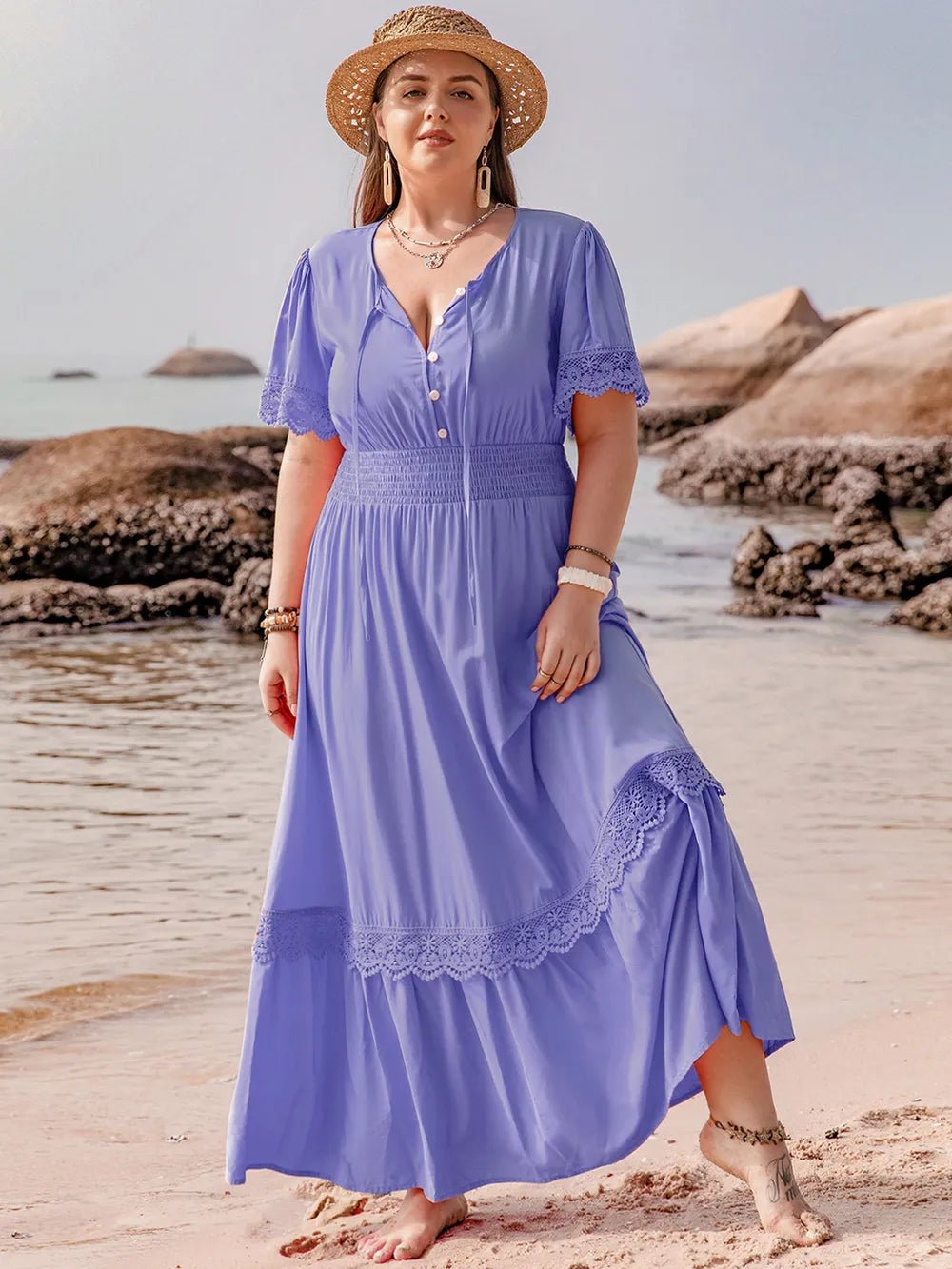 Plus Size Lace Detail Tie Neck Short Sleeve Maxi Dress - MAD RUFFI