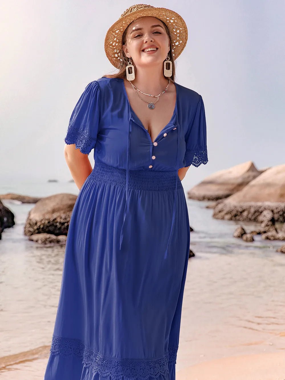 Plus Size Lace Detail Tie Neck Short Sleeve Maxi Dress - MAD RUFFI
