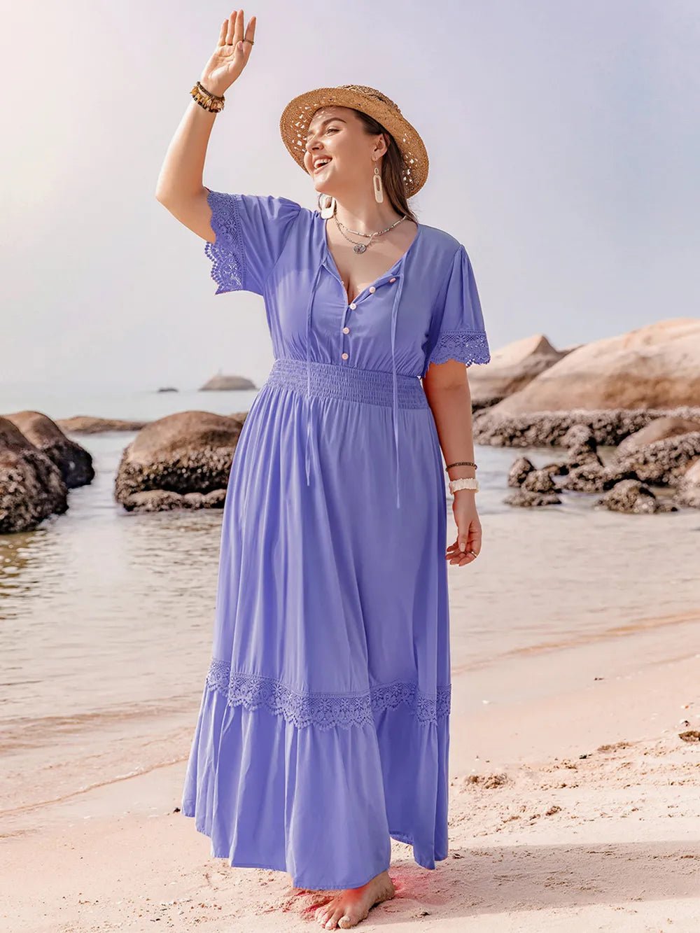 Plus Size Lace Detail Tie Neck Short Sleeve Maxi Dress - MAD RUFFI