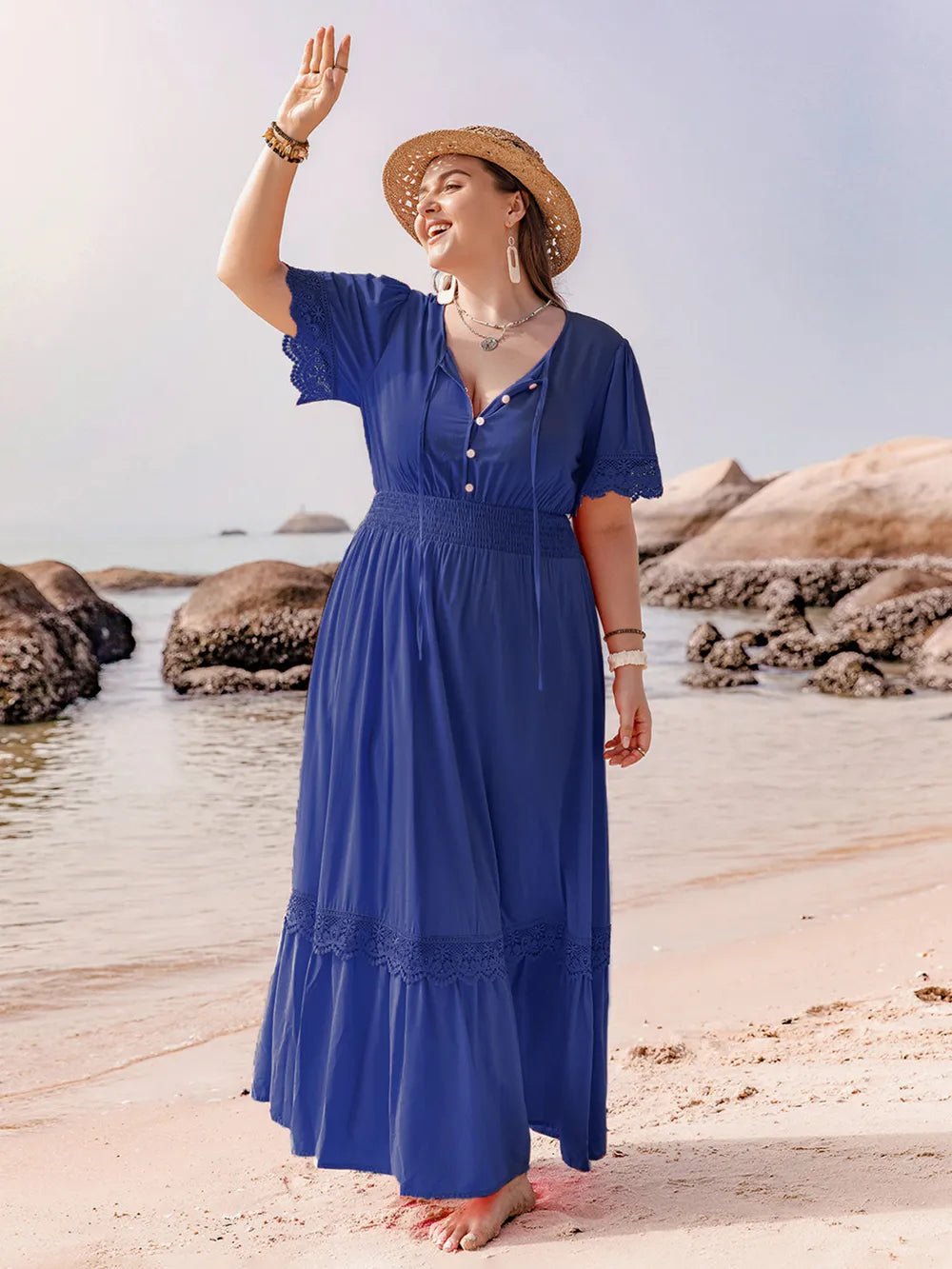 Plus Size Lace Detail Tie Neck Short Sleeve Maxi Dress - MAD RUFFI