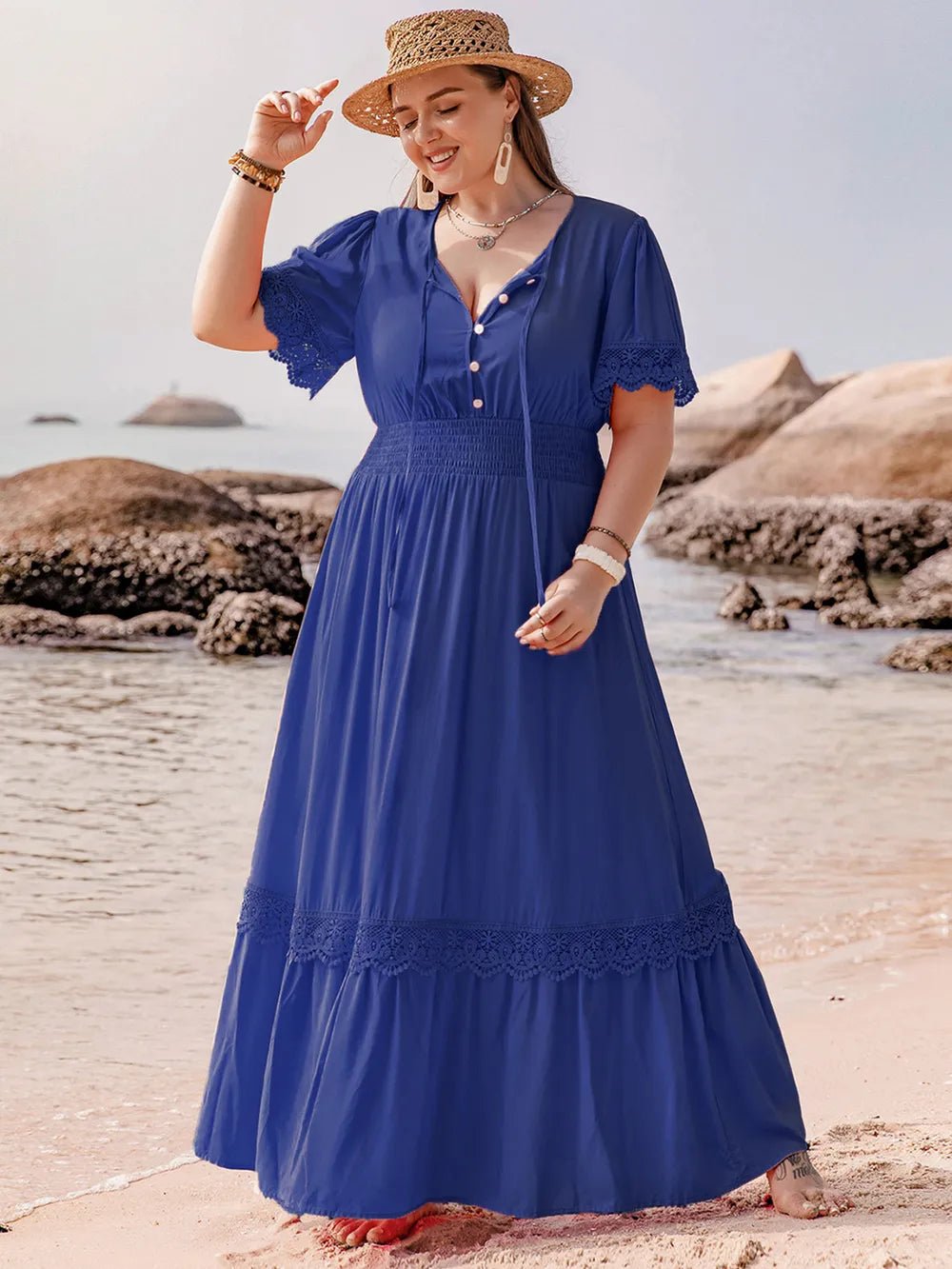 Plus Size Lace Detail Tie Neck Short Sleeve Maxi Dress - MAD RUFFI