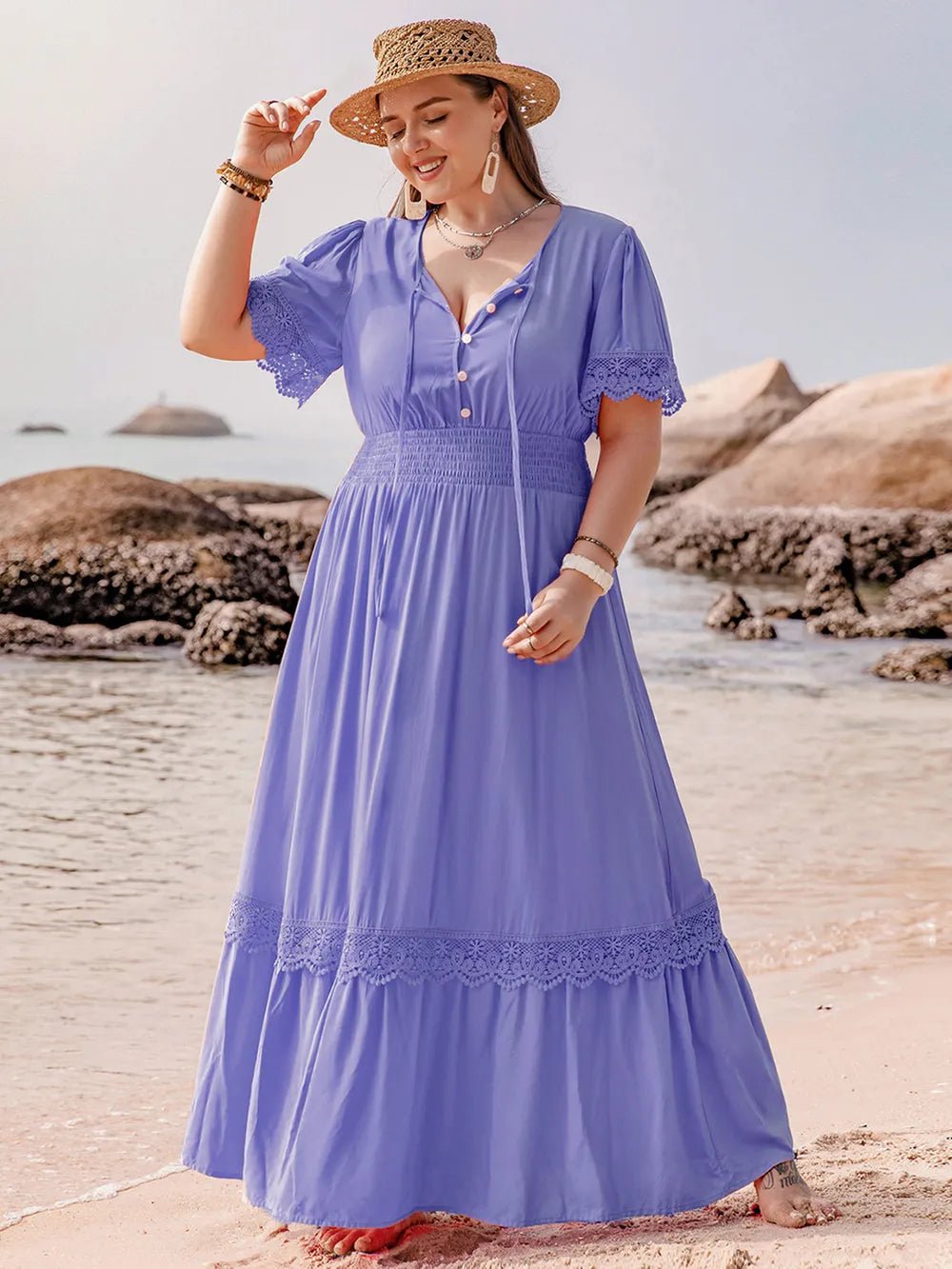 Plus Size Lace Detail Tie Neck Short Sleeve Maxi Dress - MAD RUFFI