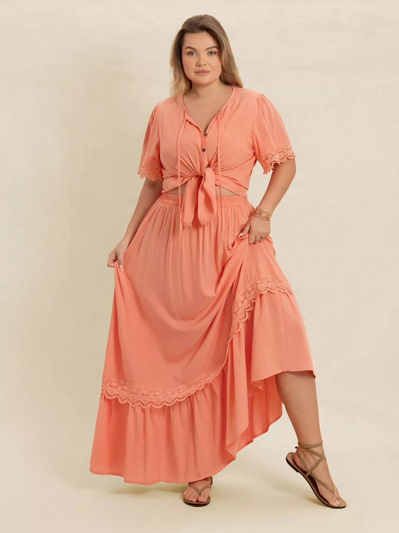 Plus Size Lace Detail Tie Neck Top and Skirt Set - MAD RUFFI