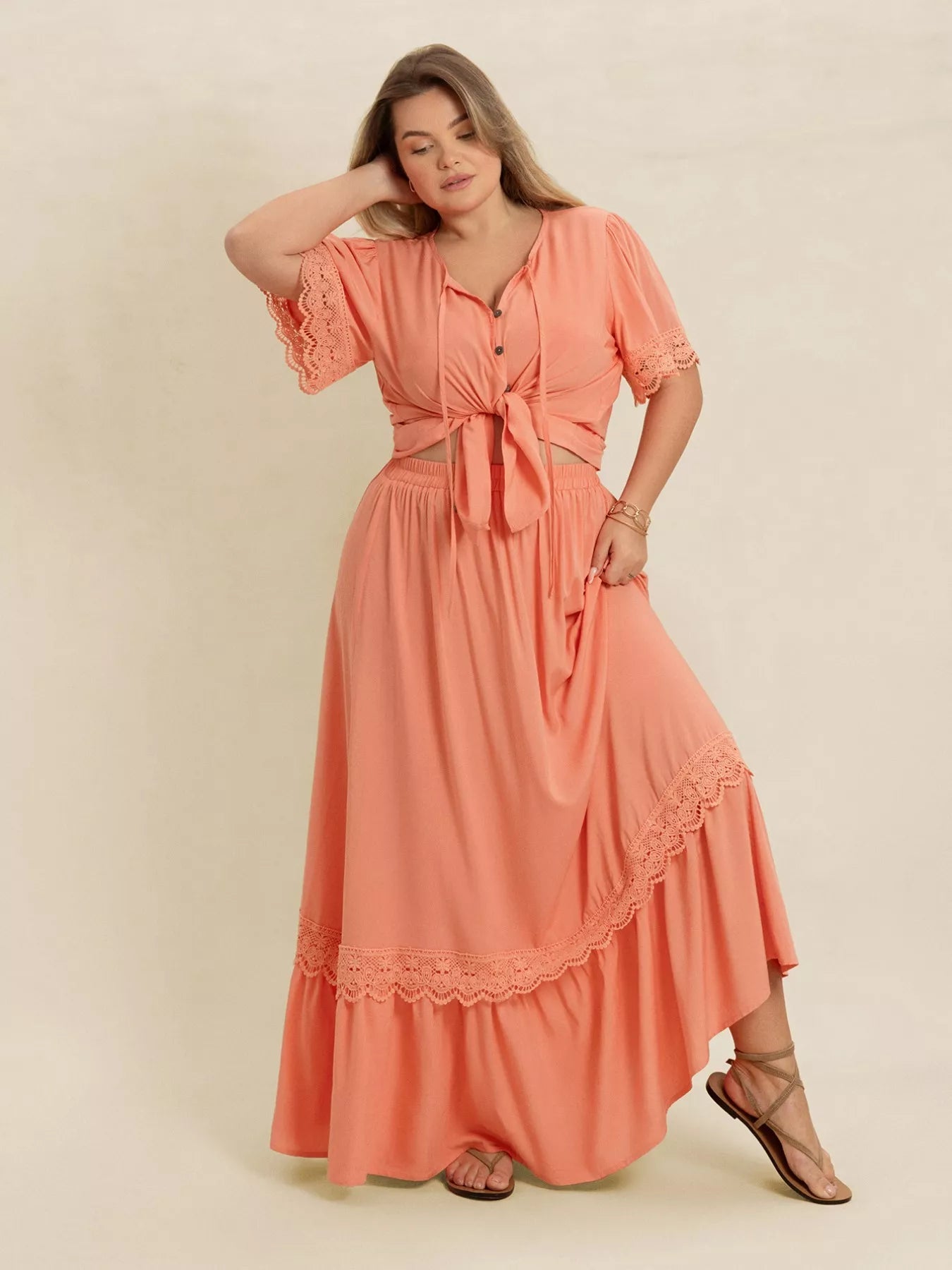 Plus Size Lace Detail Tie Neck Top and Skirt Set - MAD RUFFI