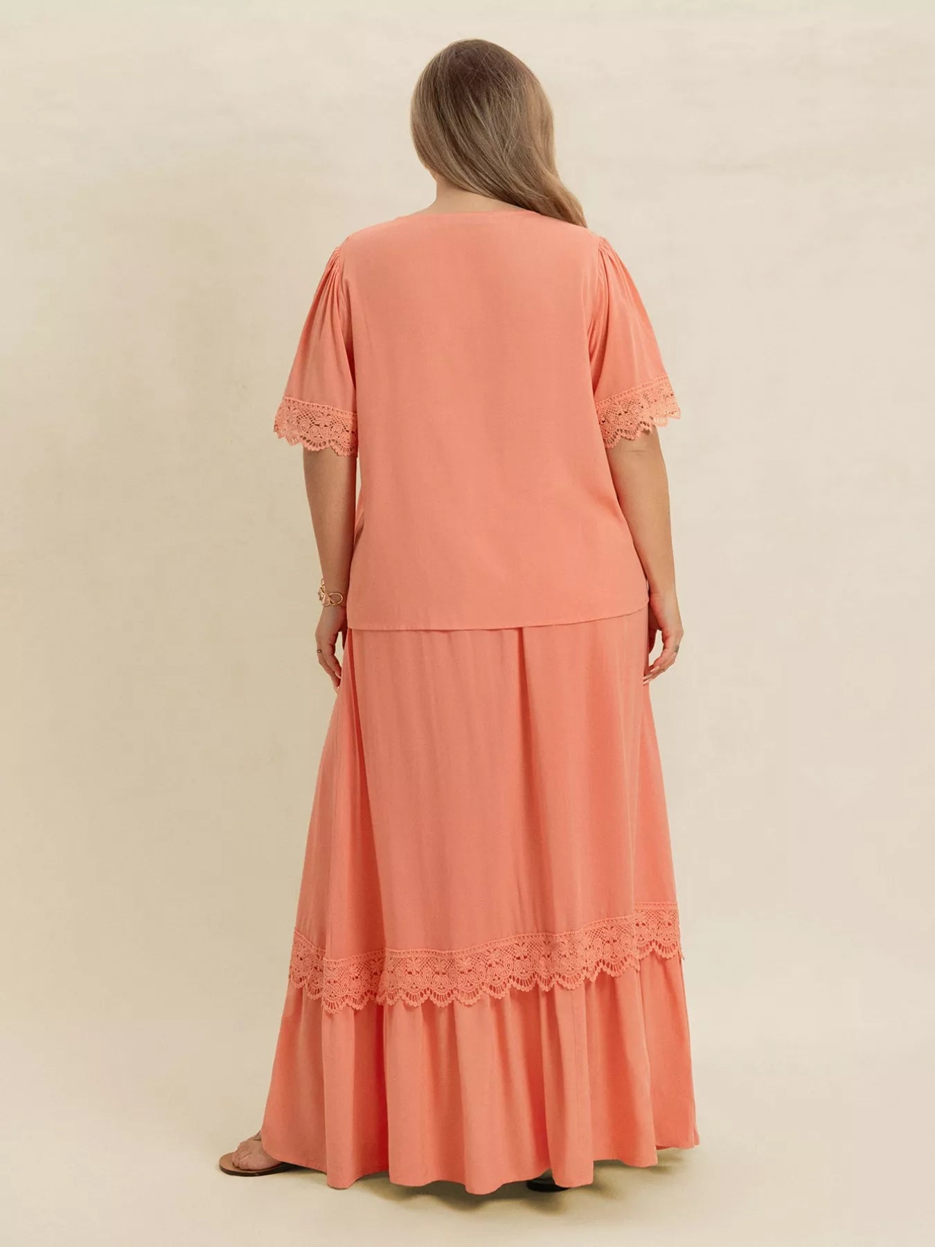 Plus Size Lace Detail Tie Neck Top and Skirt Set - MAD RUFFI