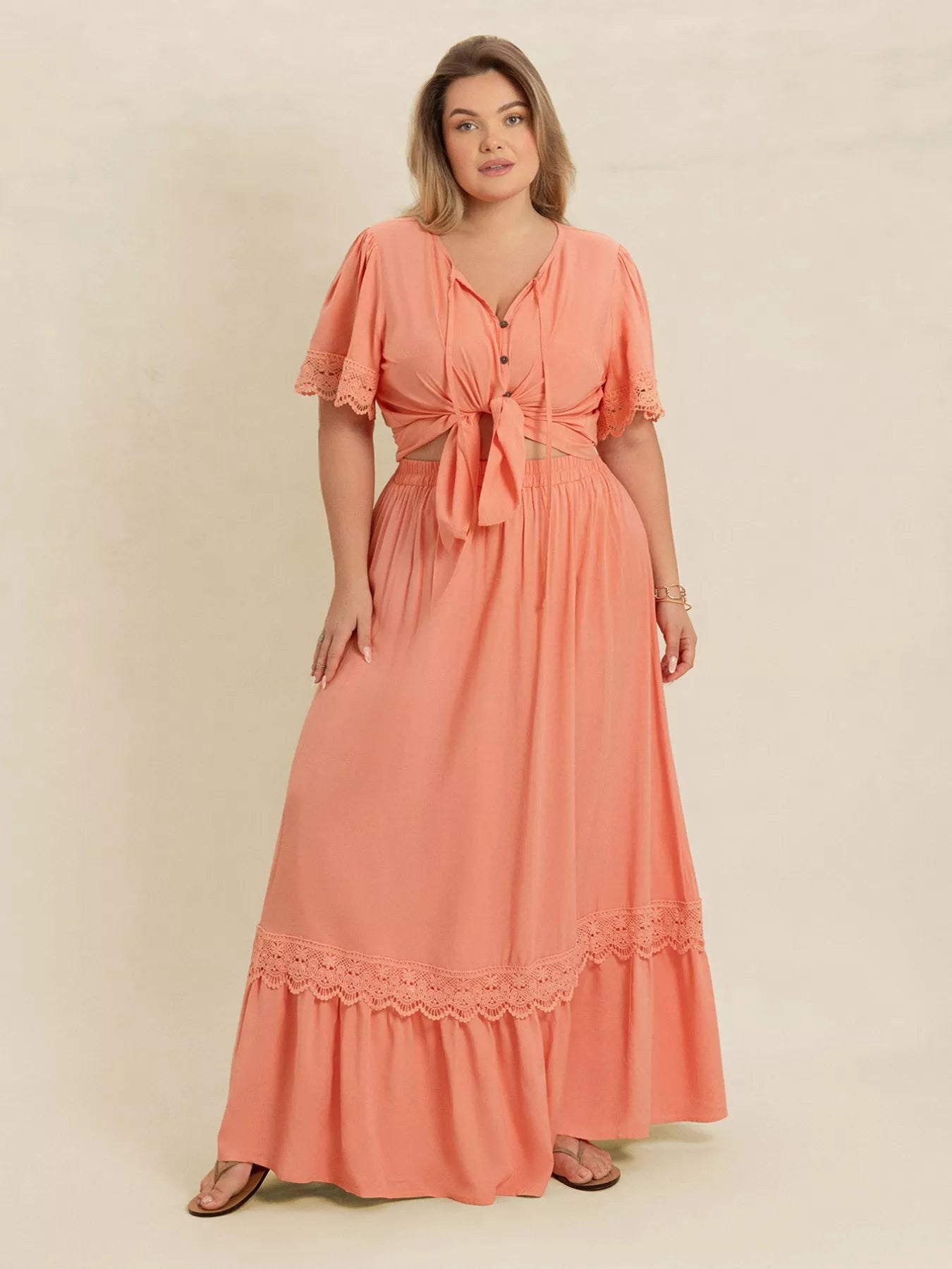 Plus Size Lace Detail Tie Neck Top and Skirt Set - MAD RUFFI