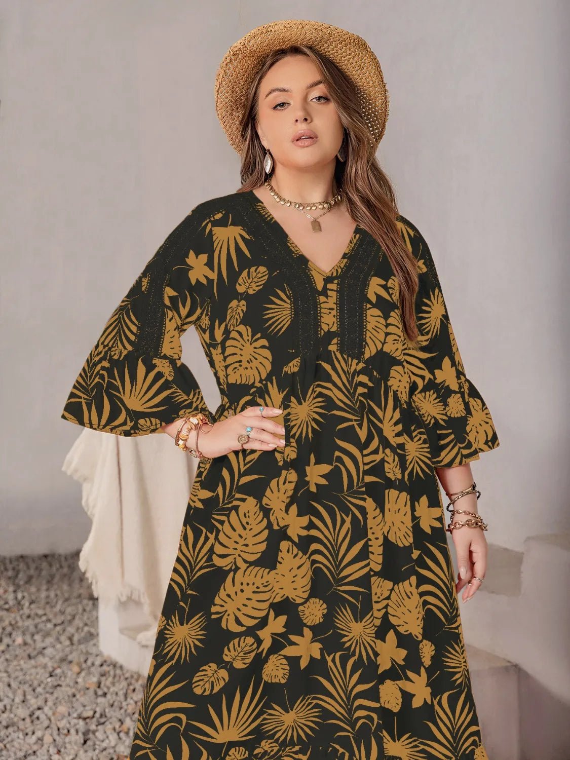 Plus Size Lace Detail Tropical Print Three - Quarter Sleeve Maxi Dress - MAD RUFFI