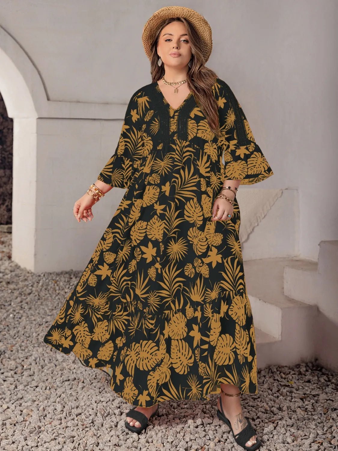 Plus Size Lace Detail Tropical Print Three - Quarter Sleeve Maxi Dress - MAD RUFFI