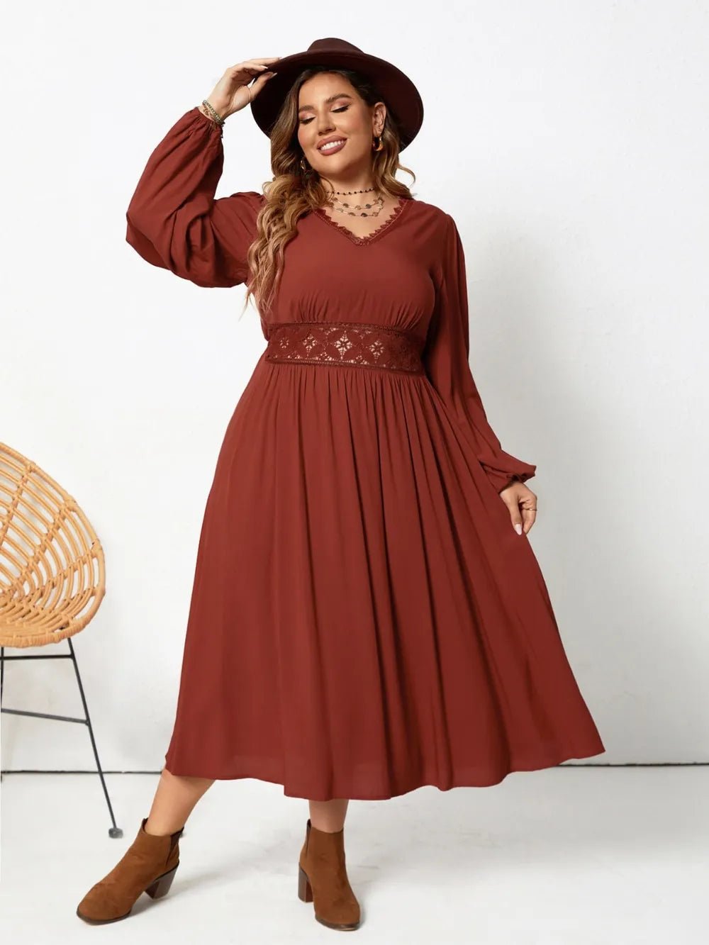Plus Size Lace Detail V - Neck Balloon Sleeve Dress - MAD RUFFI