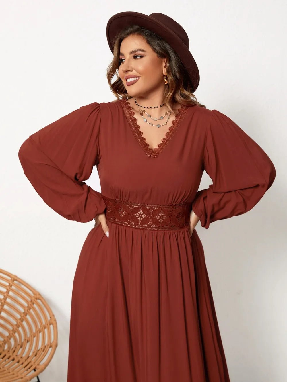 Plus Size Lace Detail V - Neck Balloon Sleeve Dress - MAD RUFFI