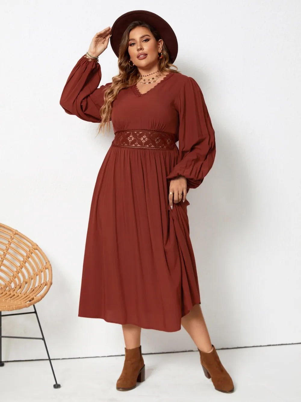 Plus Size Lace Detail V - Neck Balloon Sleeve Dress - MAD RUFFI
