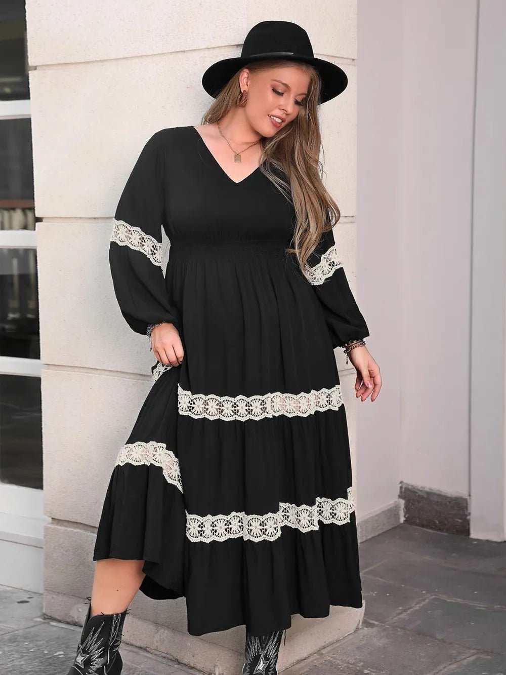 Plus Size Lace Detail V - Neck Long Sleeve Midi Dress - MAD RUFFI