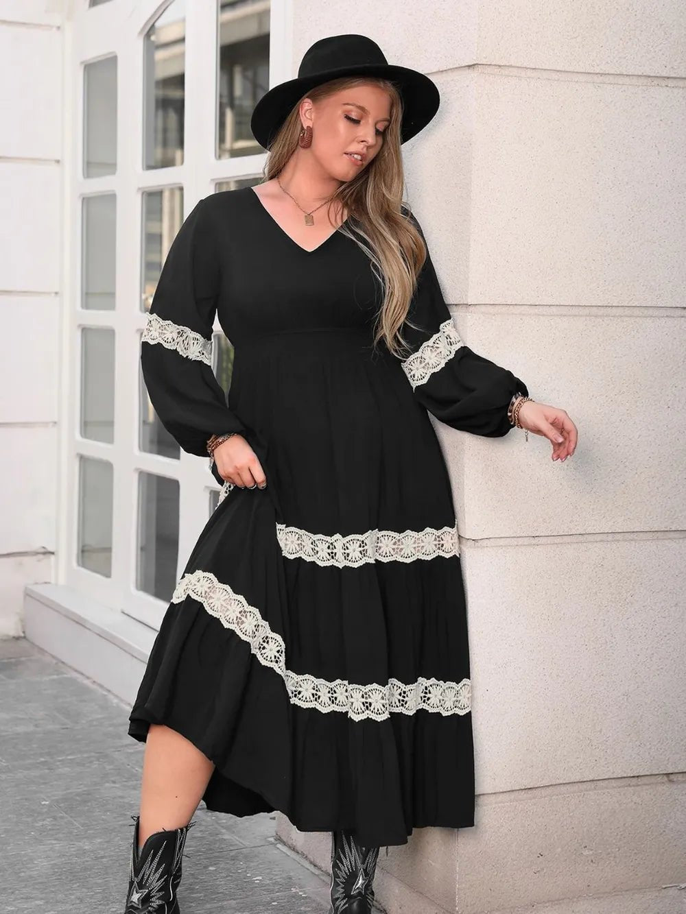 Plus Size Lace Detail V - Neck Long Sleeve Midi Dress - MAD RUFFI