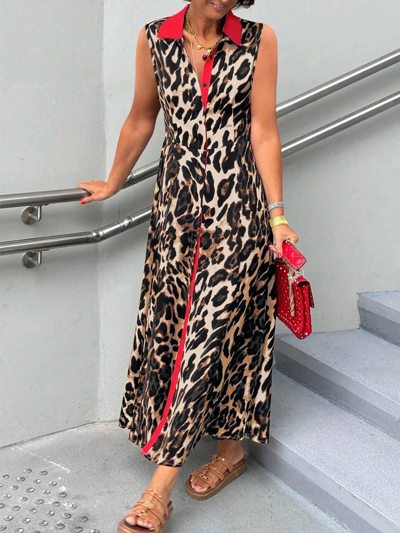 Plus Size Leopard Print Sleeveless Maxi Dress - MAD RUFFI