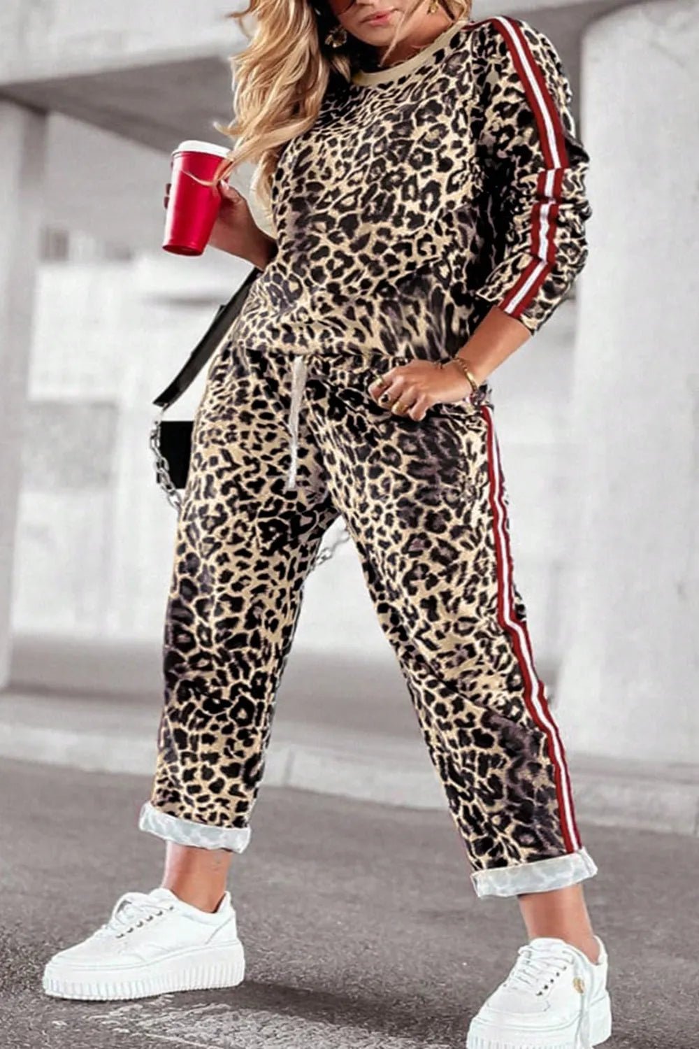 Plus Size Leopard Round Neck Top and Pants Set - MAD RUFFI