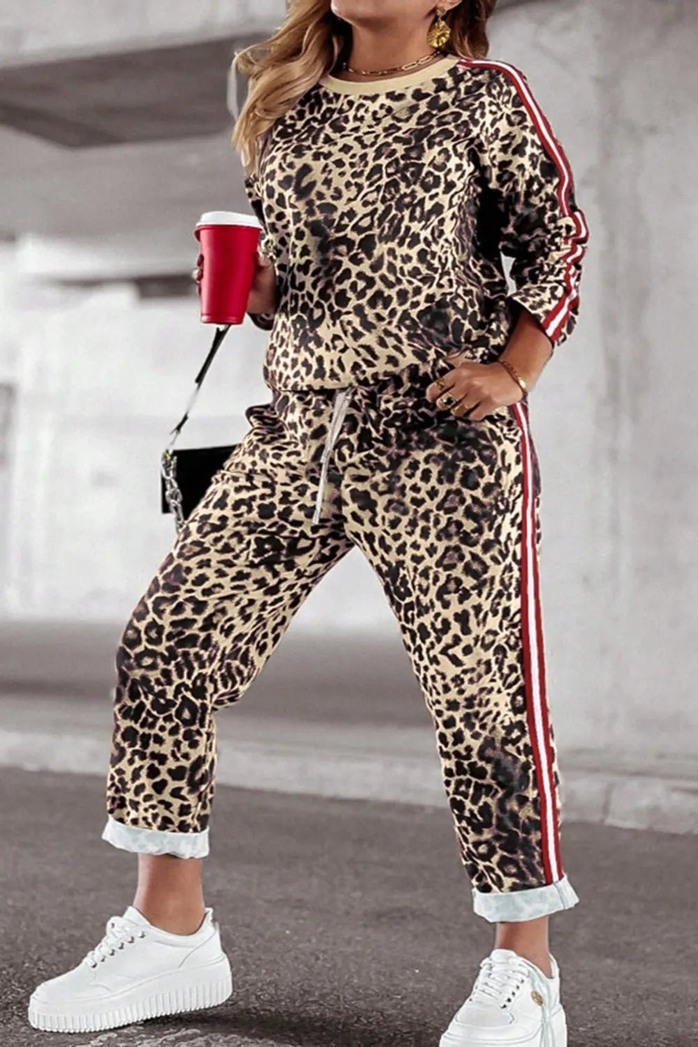 Plus Size Leopard Round Neck Top and Pants Set - MAD RUFFI
