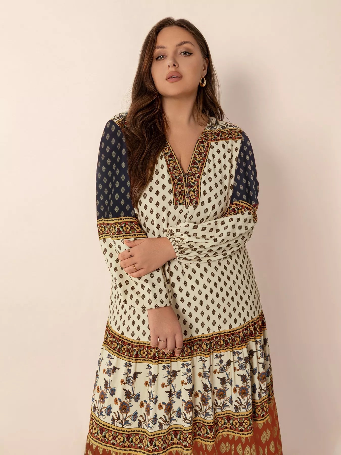 Plus Size Notched Balloon Sleeve Maxi Dress - MAD RUFFI