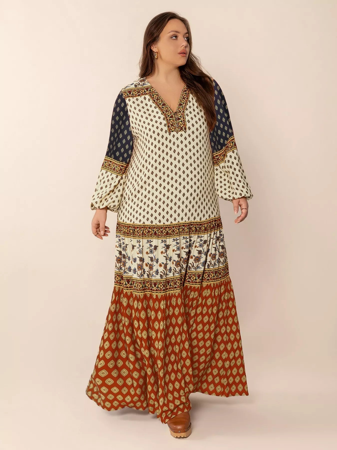 Plus Size Notched Balloon Sleeve Maxi Dress - MAD RUFFI