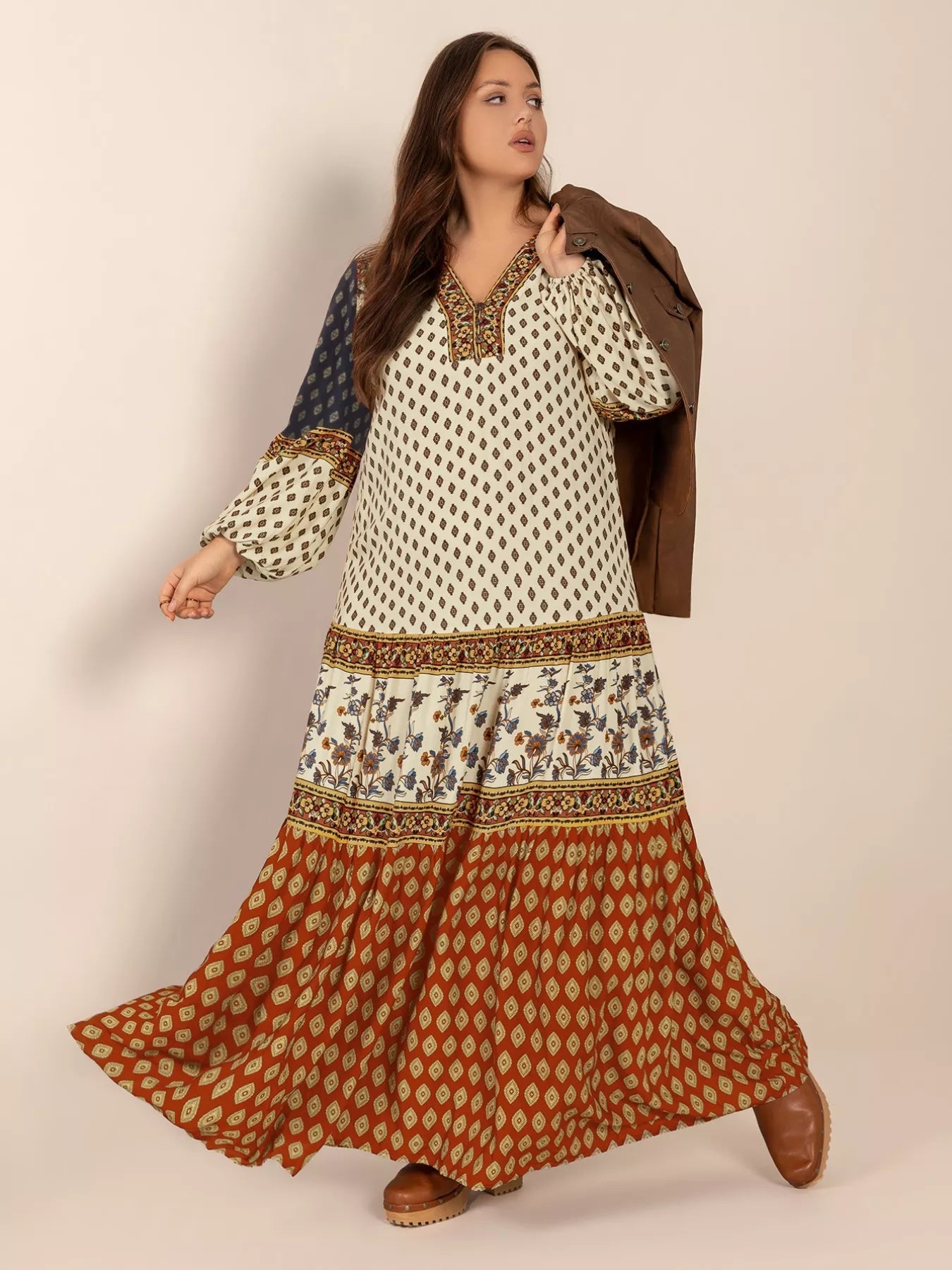 Plus Size Notched Balloon Sleeve Maxi Dress - MAD RUFFI