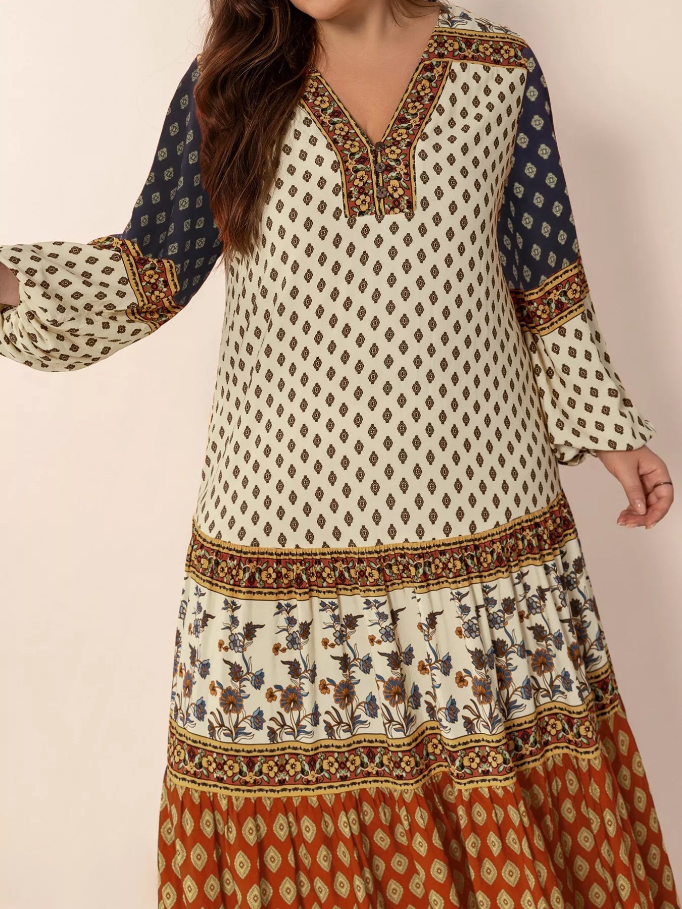 Plus Size Notched Balloon Sleeve Maxi Dress - MAD RUFFI