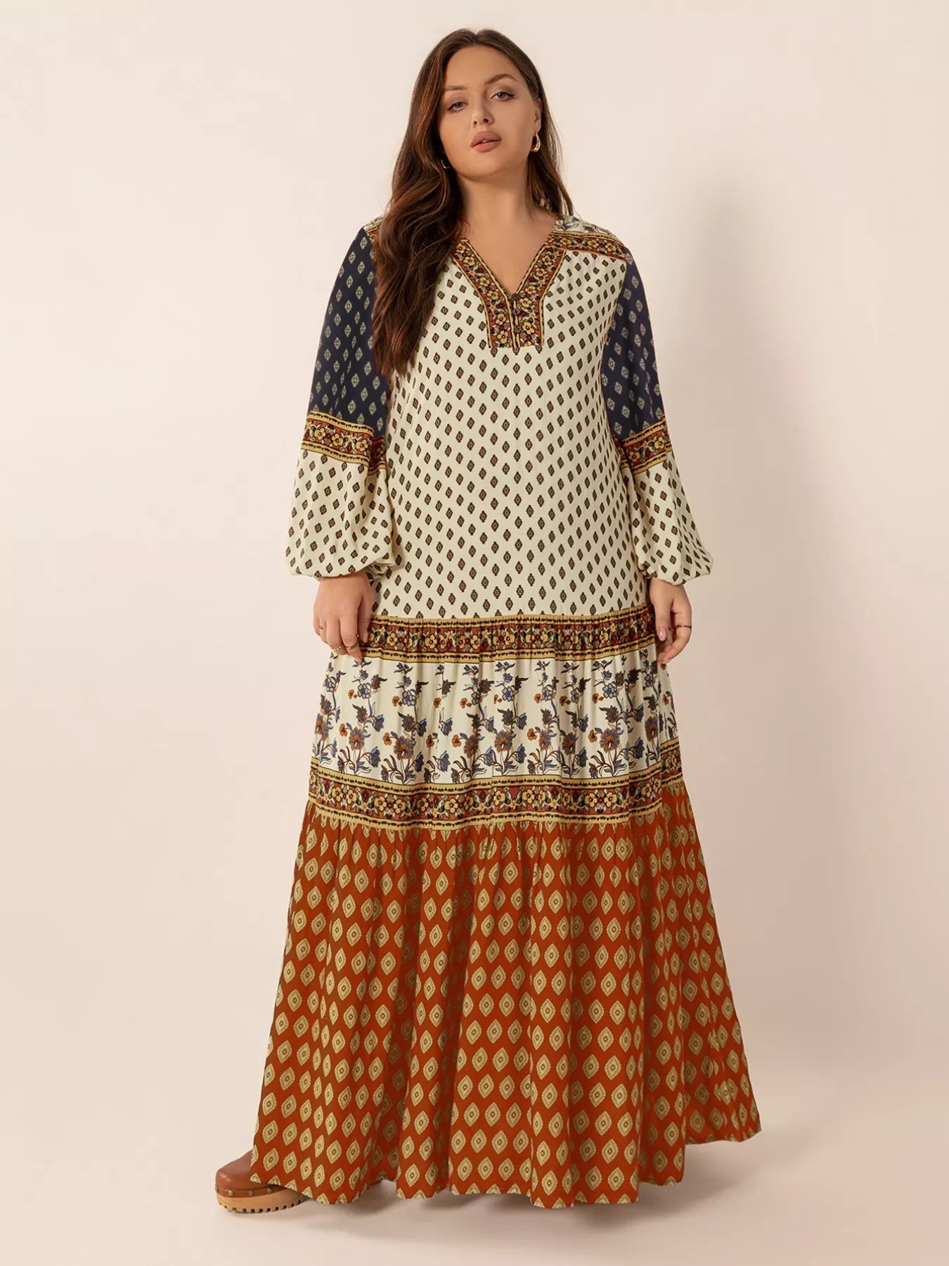 Plus Size Notched Balloon Sleeve Maxi Dress - MAD RUFFI