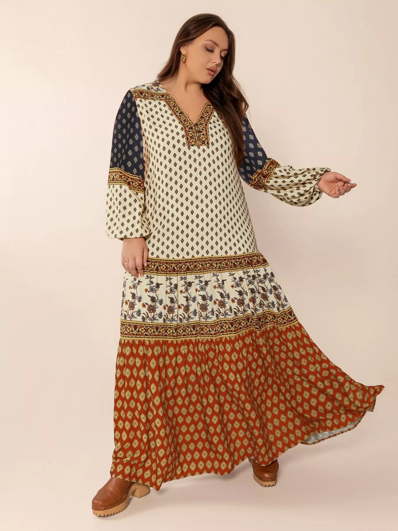 Plus Size Notched Balloon Sleeve Maxi Dress - MAD RUFFI