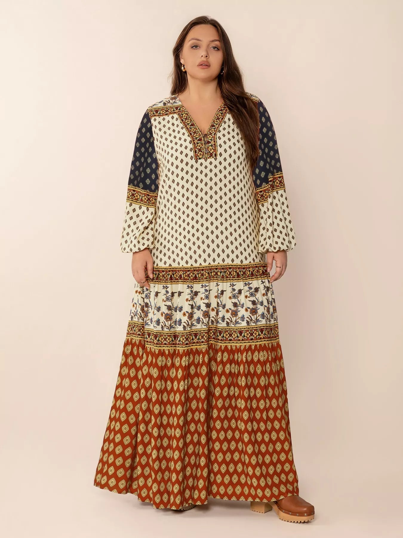 Plus Size Notched Balloon Sleeve Maxi Dress - MAD RUFFI