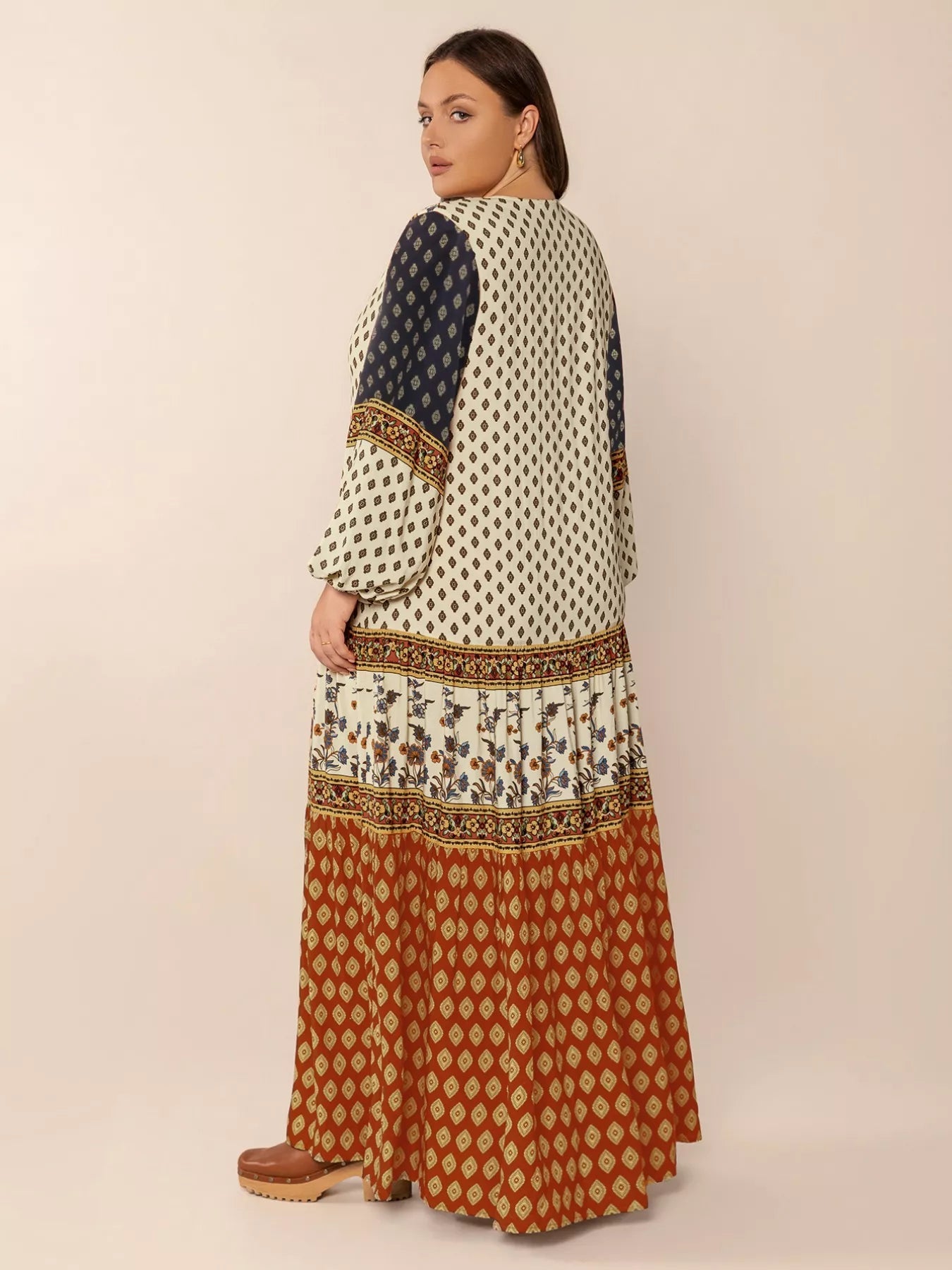 Plus Size Notched Balloon Sleeve Maxi Dress - MAD RUFFI