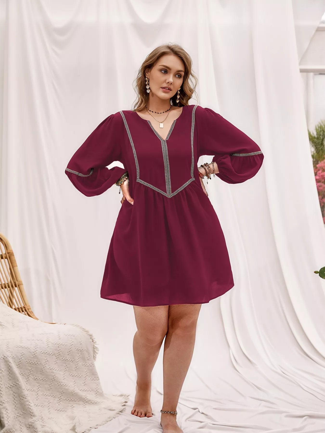 Plus Size Notched Balloon Sleeve Mini Dress - MAD RUFFI