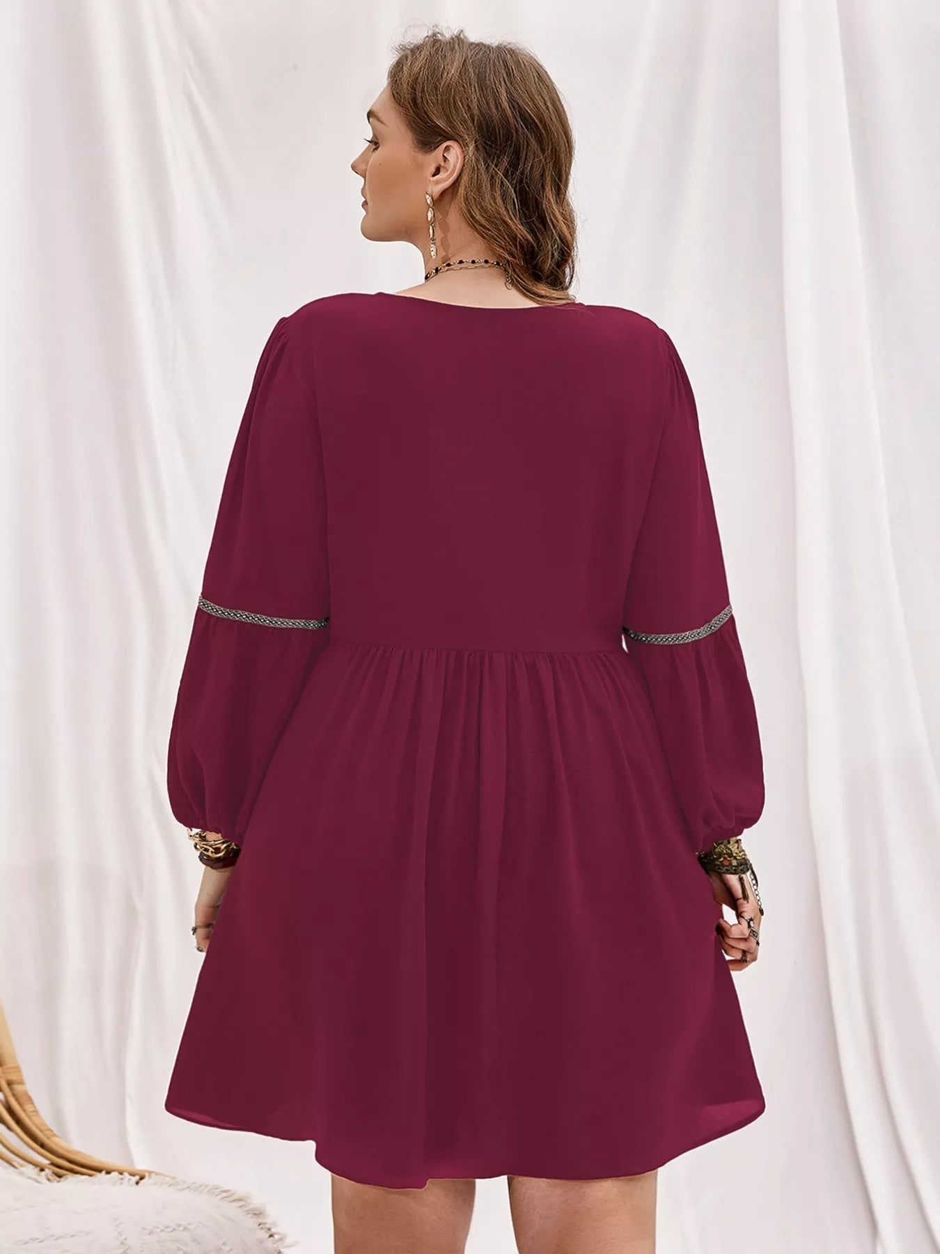 Plus Size Notched Balloon Sleeve Mini Dress - MAD RUFFI