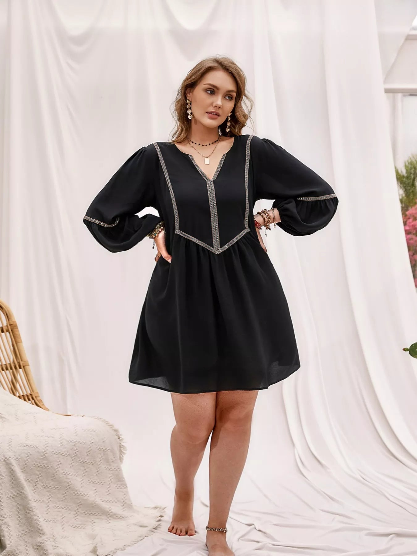 Plus Size Notched Balloon Sleeve Mini Dress - MAD RUFFI