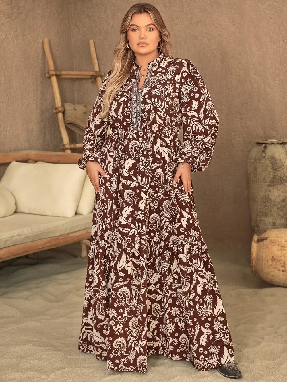 Plus Size Notched Balloon Sleeve Printed Maxi Dress - MAD RUFFI