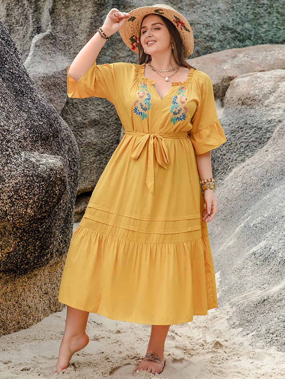 Plus Size Notched Tie Waist Half Sleeve Midi Dress - MAD RUFFI