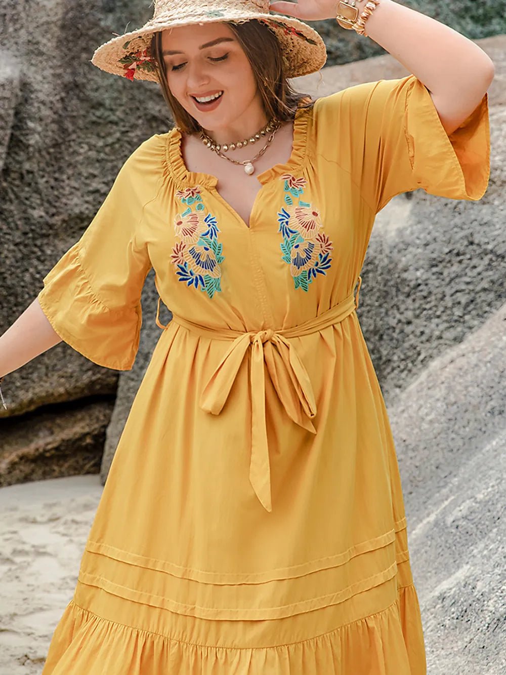 Plus Size Notched Tie Waist Half Sleeve Midi Dress - MAD RUFFI