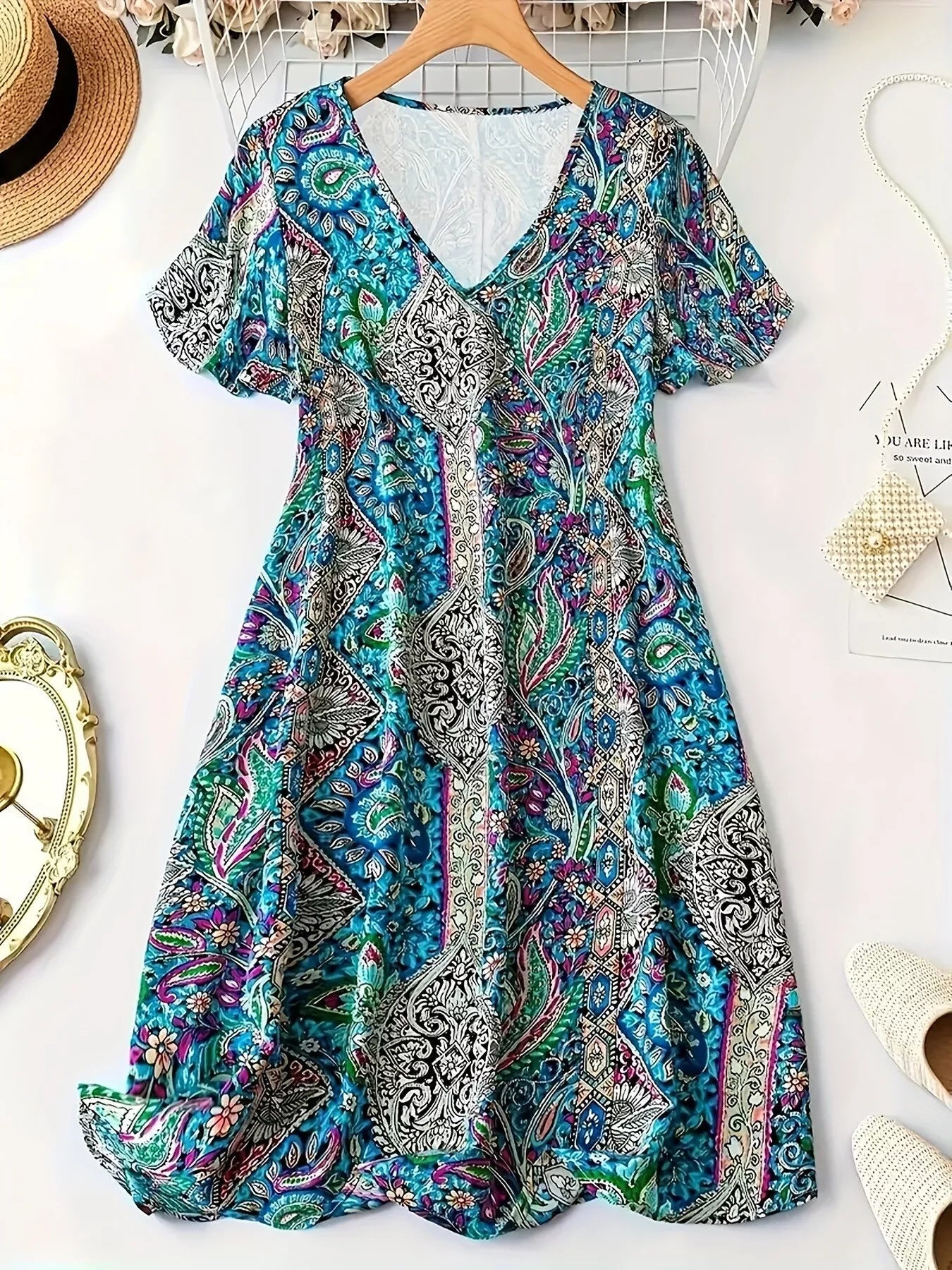 Plus Size Paisley Print V - Neck Short Sleeve Dress - MAD RUFFI