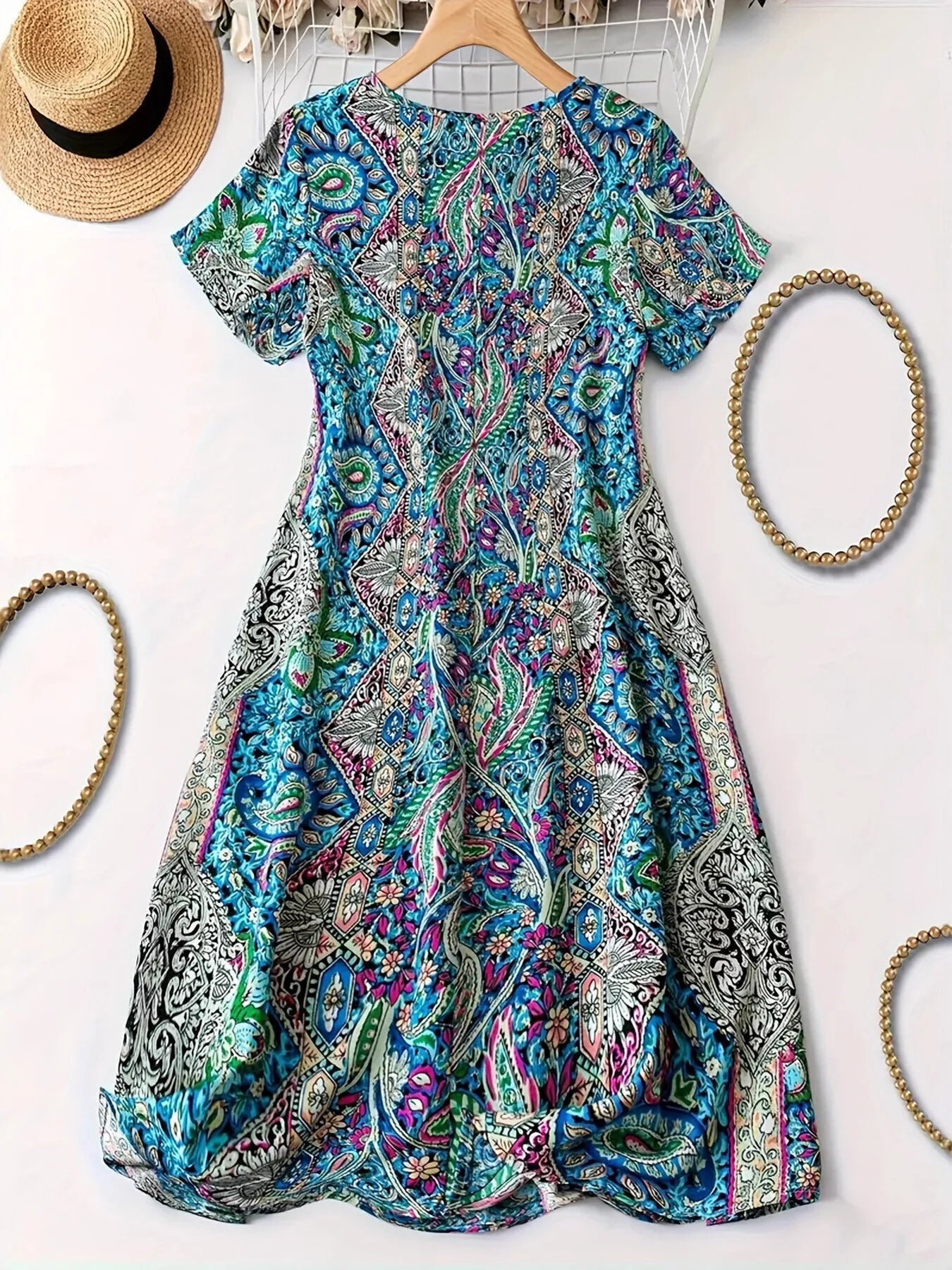 Plus Size Paisley Print V - Neck Short Sleeve Dress - MAD RUFFI