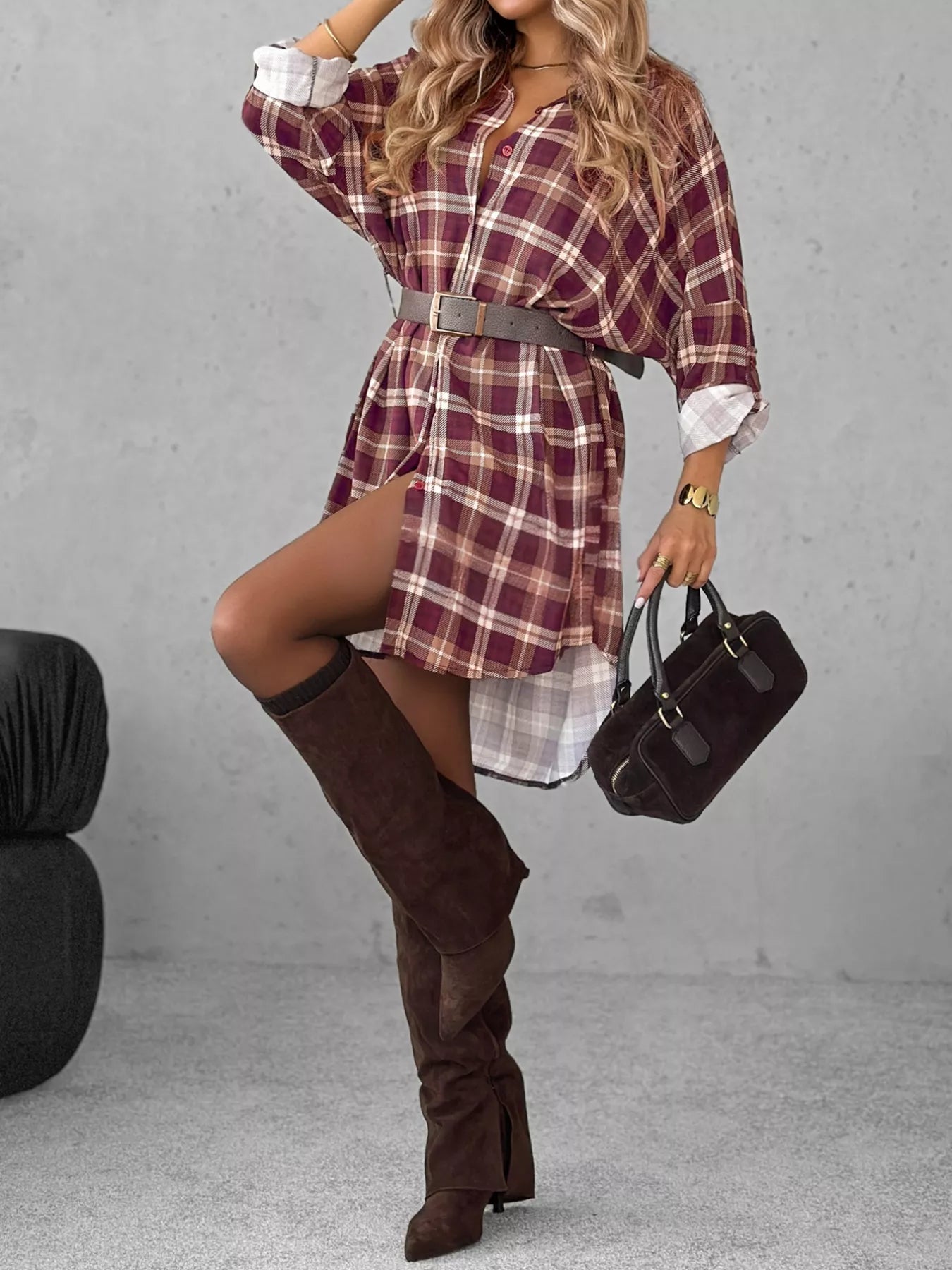 Plus Size Plaid Long Sleeve Mini Shirt Dress - MAD RUFFI