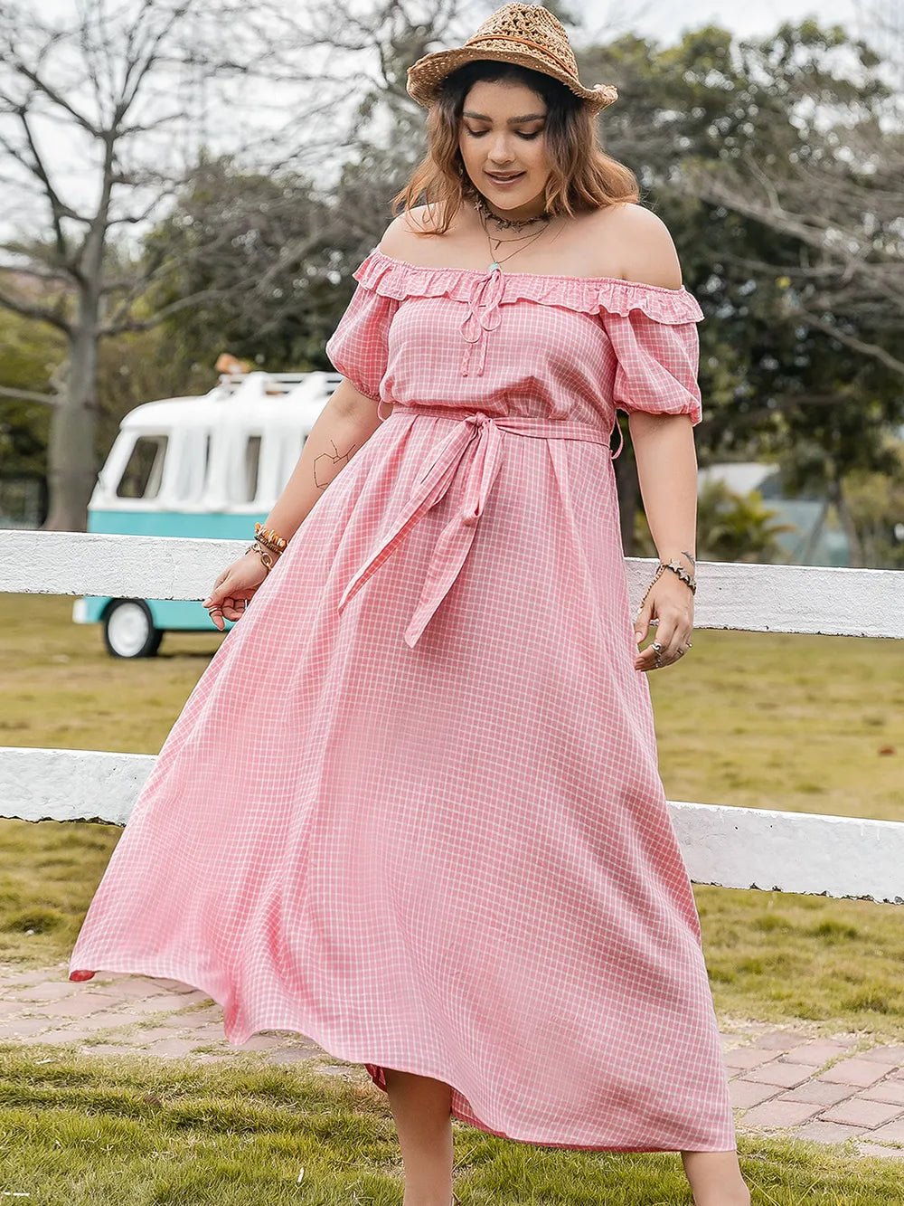 Plus Size Plaid Off - Shoulder Short Sleeve Midi Dress - MAD RUFFI