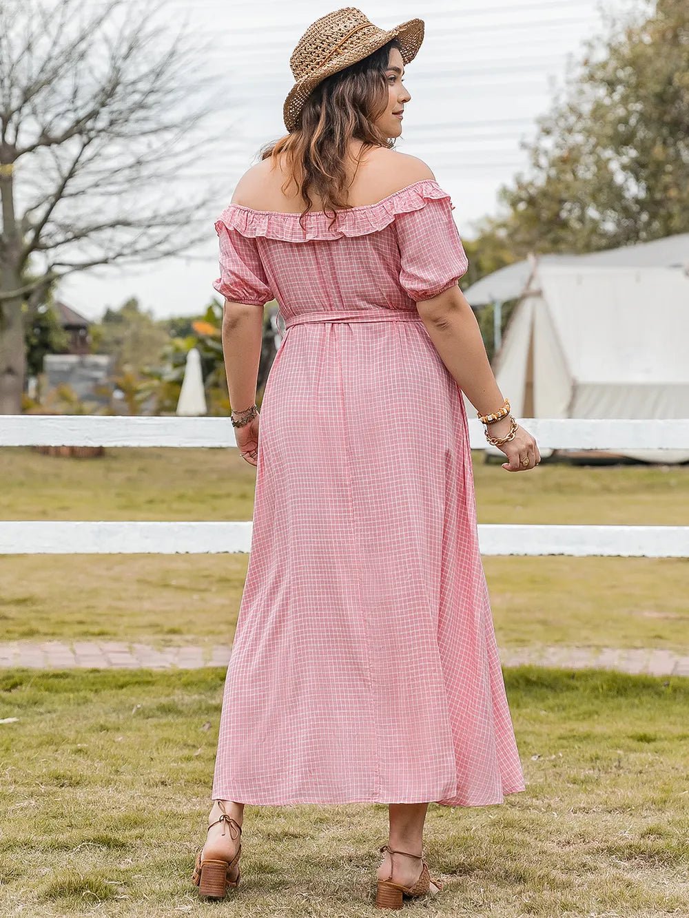 Plus Size Plaid Off - Shoulder Short Sleeve Midi Dress - MAD RUFFI