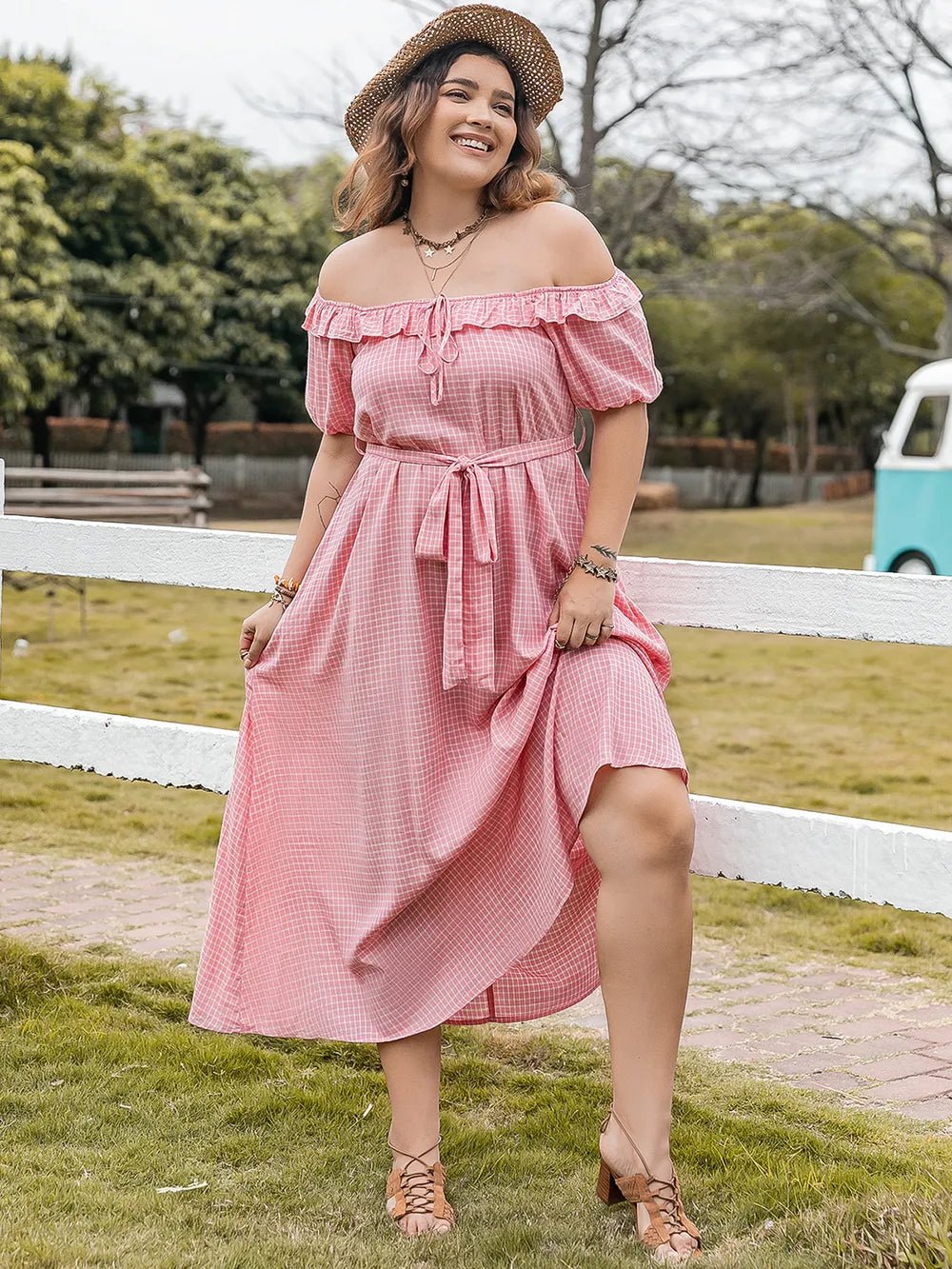 Plus Size Plaid Off - Shoulder Short Sleeve Midi Dress - MAD RUFFI