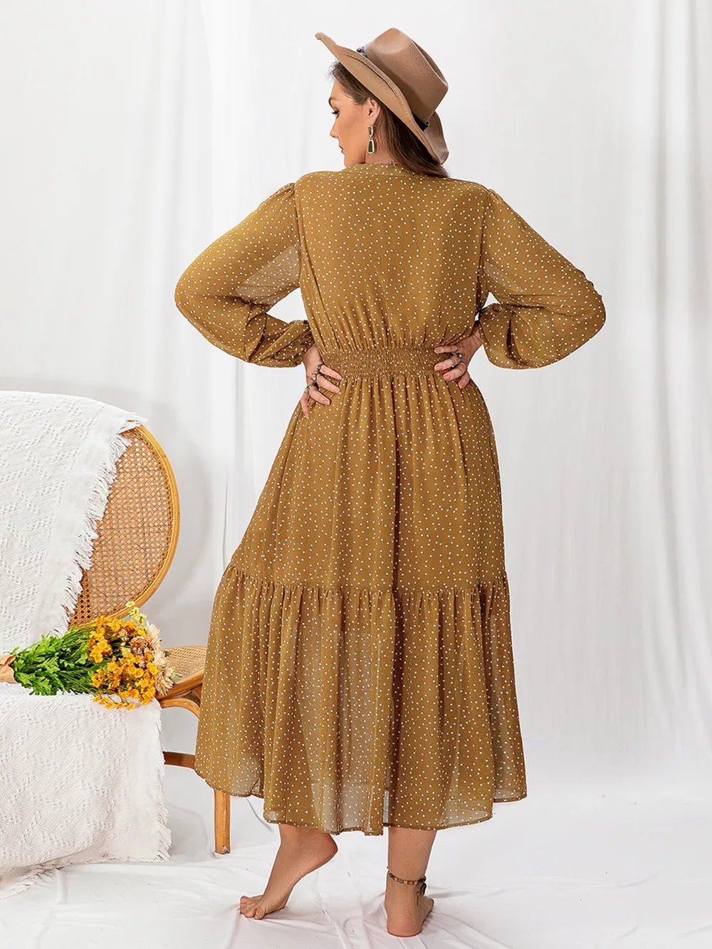 Plus Size Polka Dot Tie Neck Balloon Sleeve Maxi Dress - MAD RUFFI