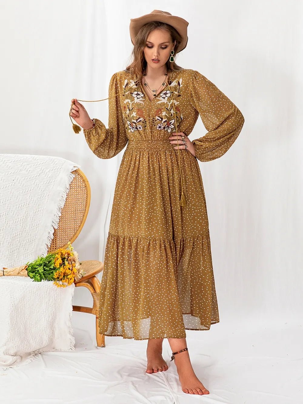 Plus Size Polka Dot Tie Neck Balloon Sleeve Maxi Dress - MAD RUFFI