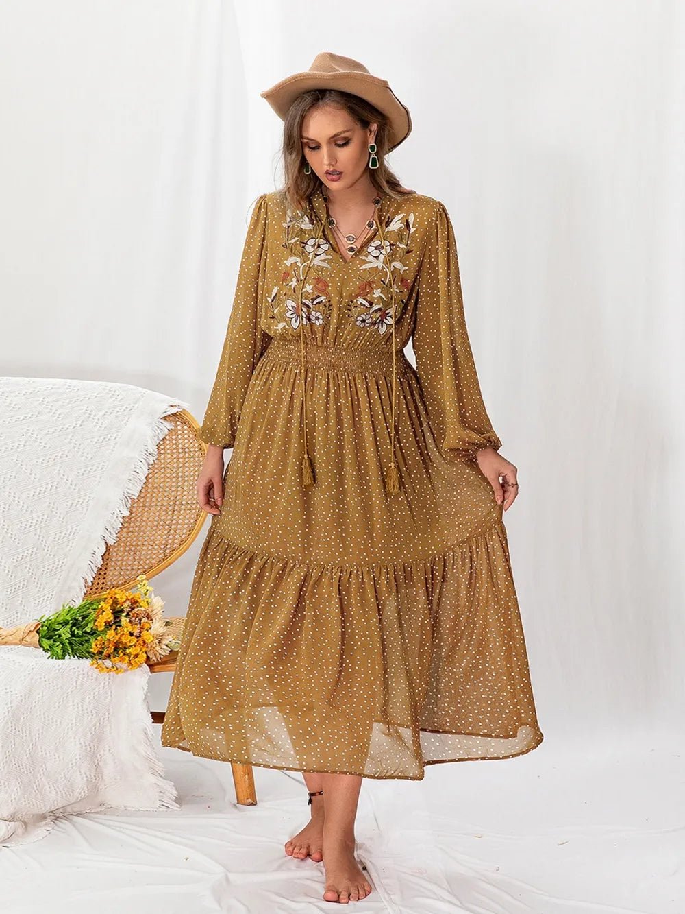 Plus Size Polka Dot Tie Neck Balloon Sleeve Maxi Dress - MAD RUFFI