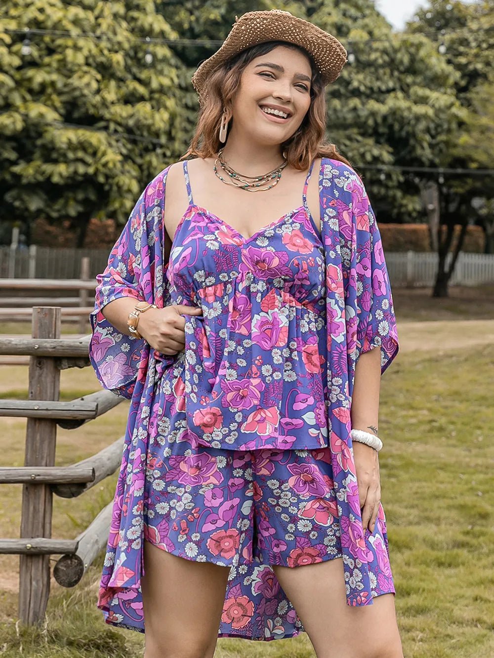 Plus Size Printed Cami, Open Front Cover Up and Shorts Set - MAD RUFFI